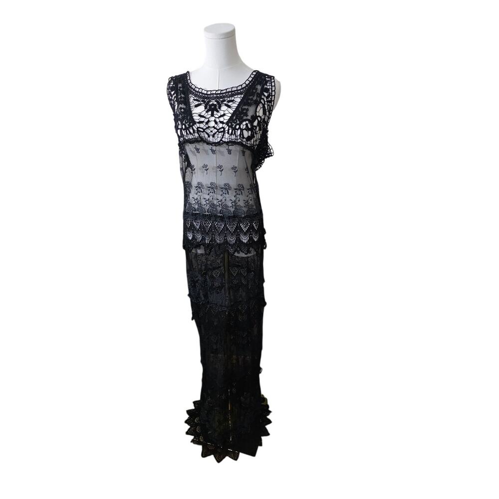 Lace Black Crochet Maxi Dress Womens S Boho Gothic Festival Morticia Addams READ